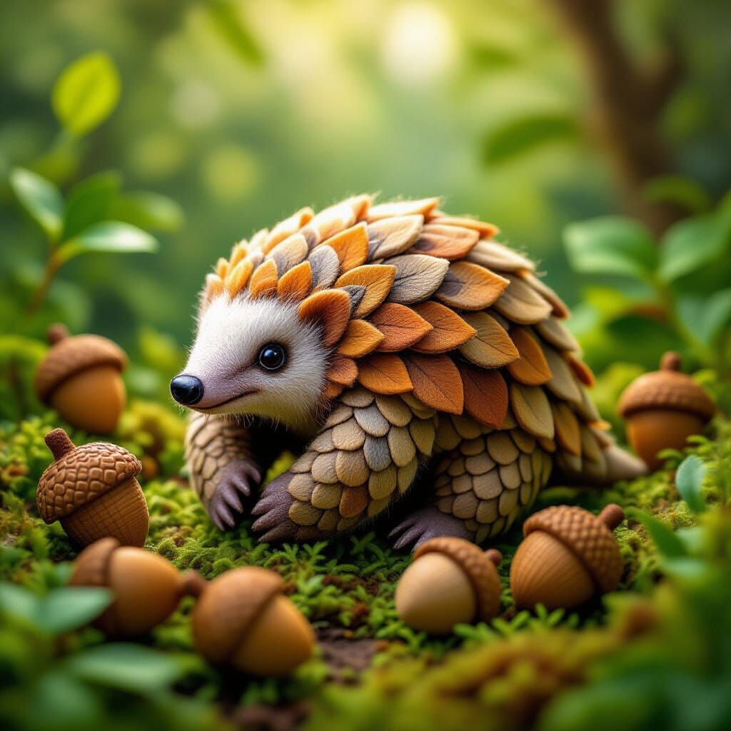 A felted pangolin with felted acorns.   by @Katimati