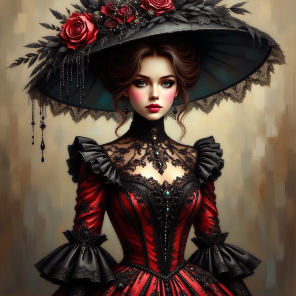 <lora:Elegant Portrait:1.0> beautiful stunning goth princess wearing a red and black dress and large hat