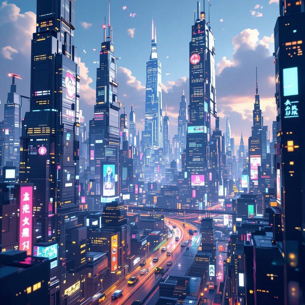 Futuristic Neon Cityscape in 3D Anime Style