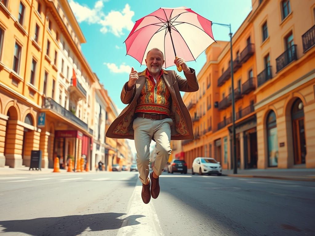 Sir Anthony Hopkins:: in the street:: natural lighting:: noon time::hopping ::action painting:: colorful::cheerful:: ...  by @  debster