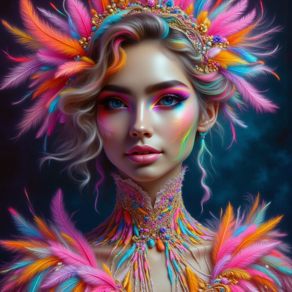 <lora:kak-Featherlychic:1.0>Painted woman, Neon, feathers, pastels, Victorian