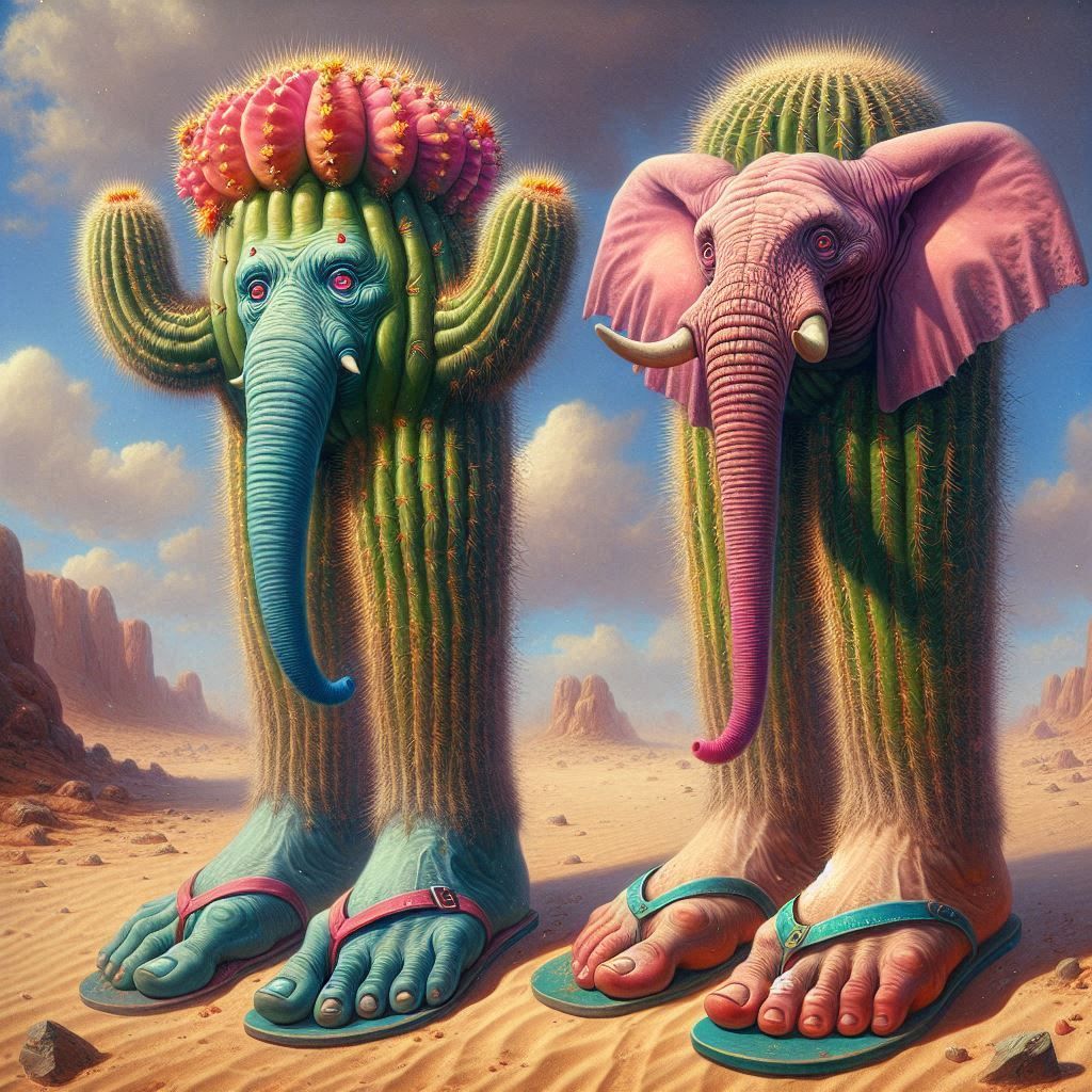 low angle tracking tracking shot of these two huge and grandiose, intricate mixtures of a cactus and an elephant making ...