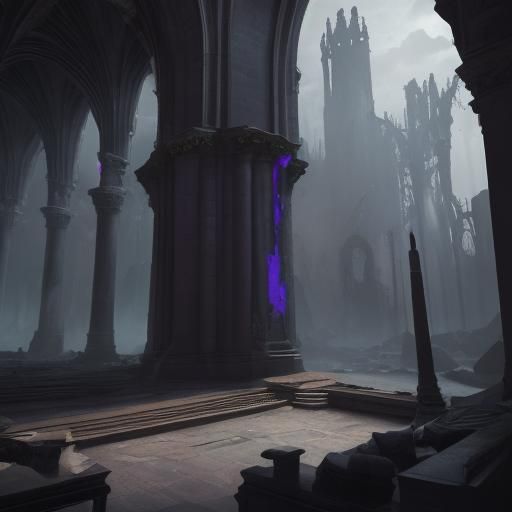 Inside a room of a Ruined Abbey at night large room with shi...