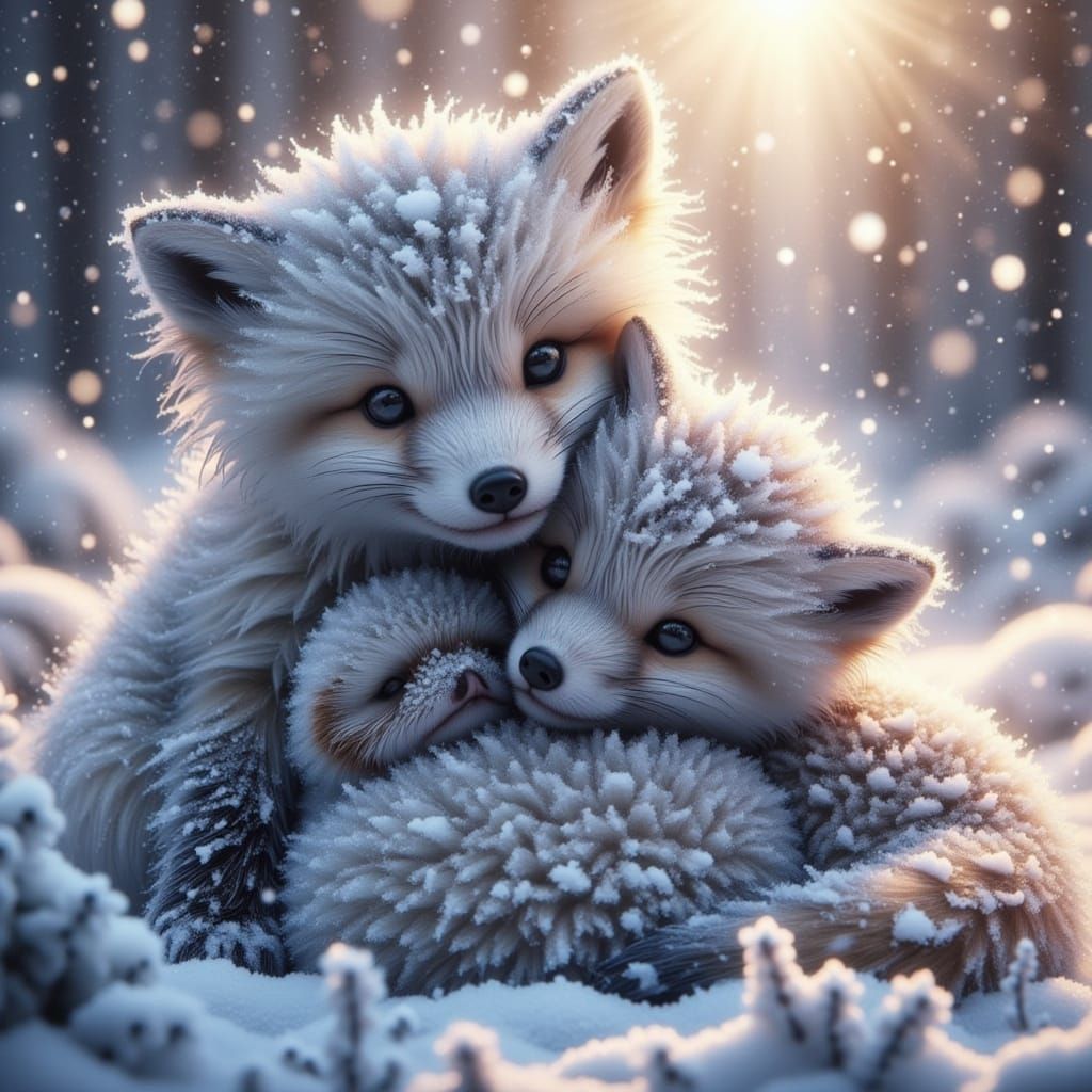 A beautiful baby animals cuddled up in the cold snow. wet snowy fur <lora:EffectsxUltraReal:1.0> 