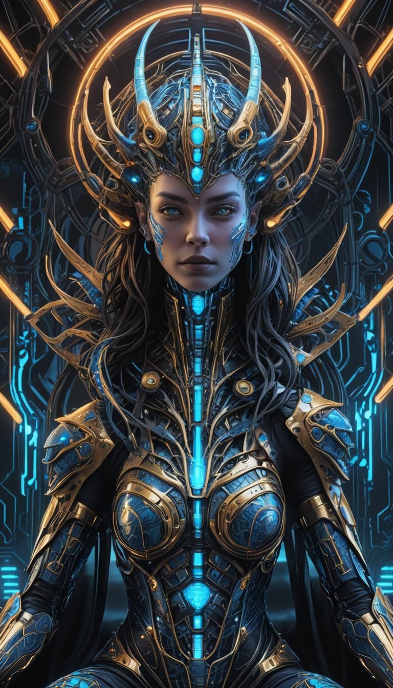 Cybernetic Alien Queen on Throne in Digital Art Nouveau Styl...