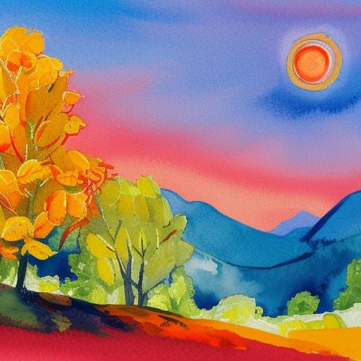 White glacier mountains a pink Sun a yellow lake orange tree...