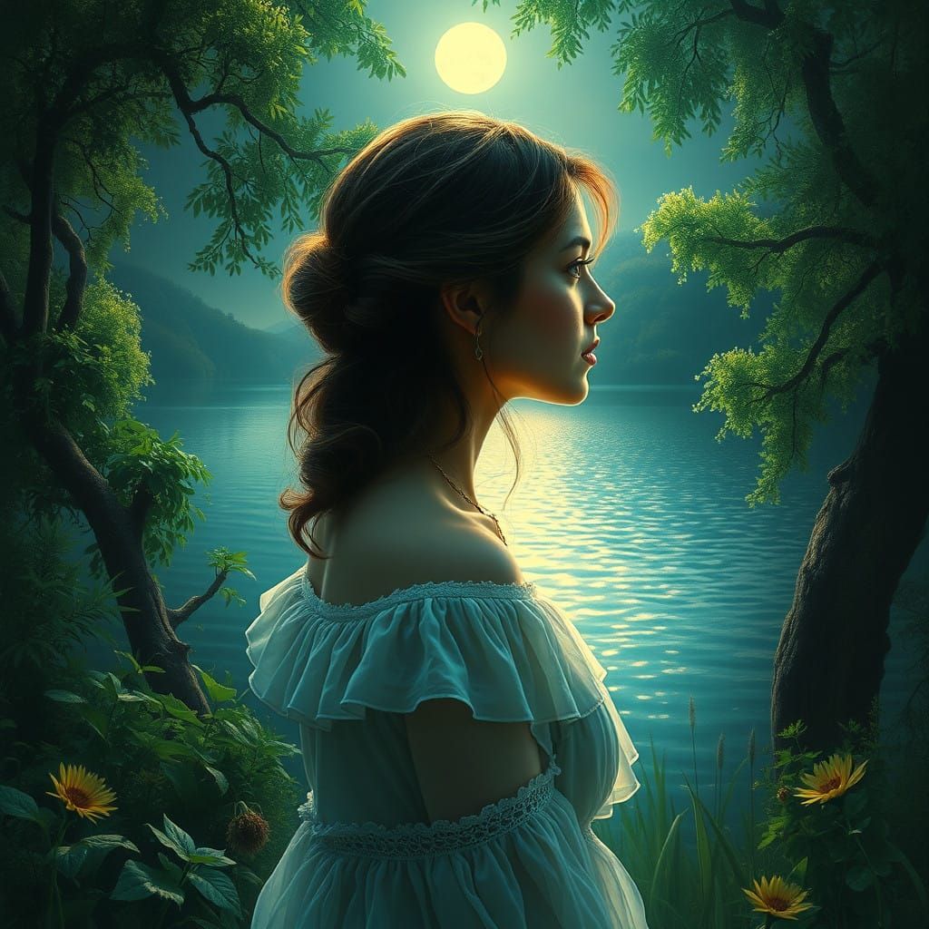 Dreamlike Serenity by Moonlit Lake in Impressionist Style