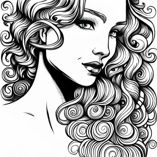 Beautiful curly haired goddess, black and white and/or monochromatic, storybook, comic, detailed inked ...  by @Balanth
