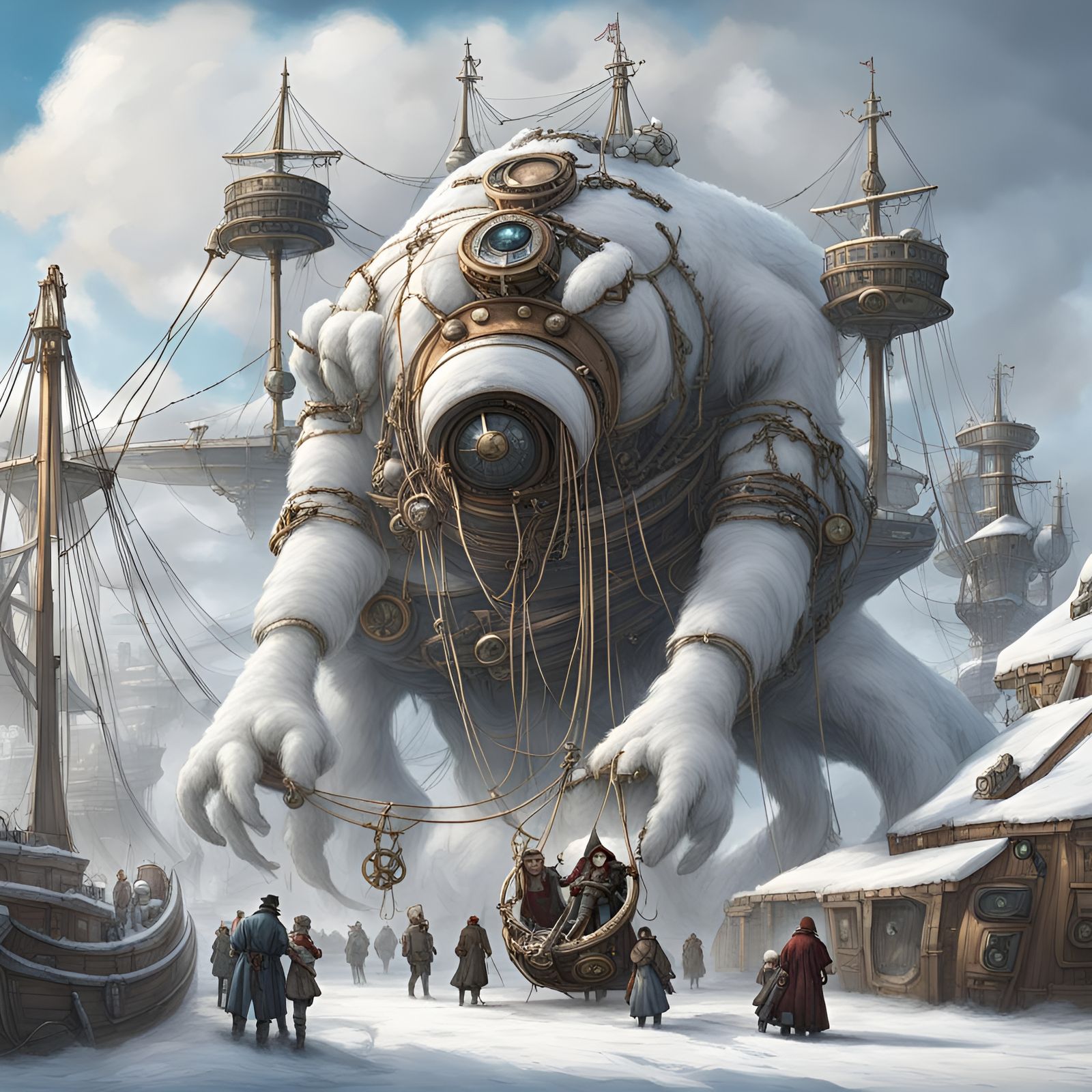 A giant snow creature is tied by ropes to several steampunk air ships  by @ShaKeD