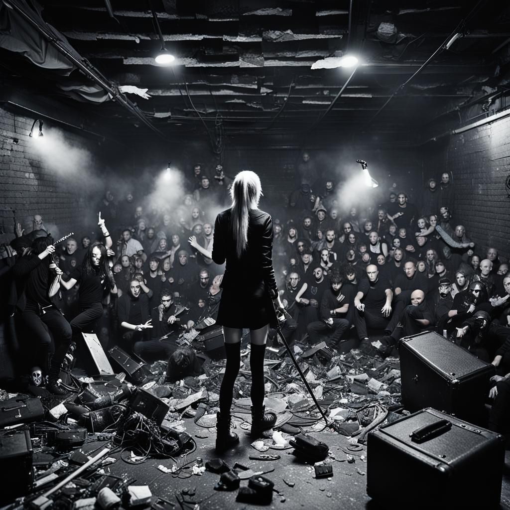 dark basement. punk rock performance club. fog. female gothi...