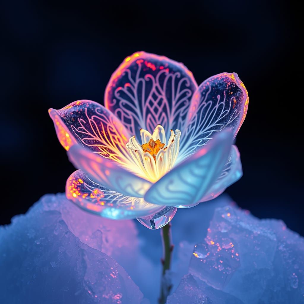 blossom. Surrealism. Medium shot. Collage and bio art. Intricate ice filigree on a translucent bioluminescent ...  by @blenta