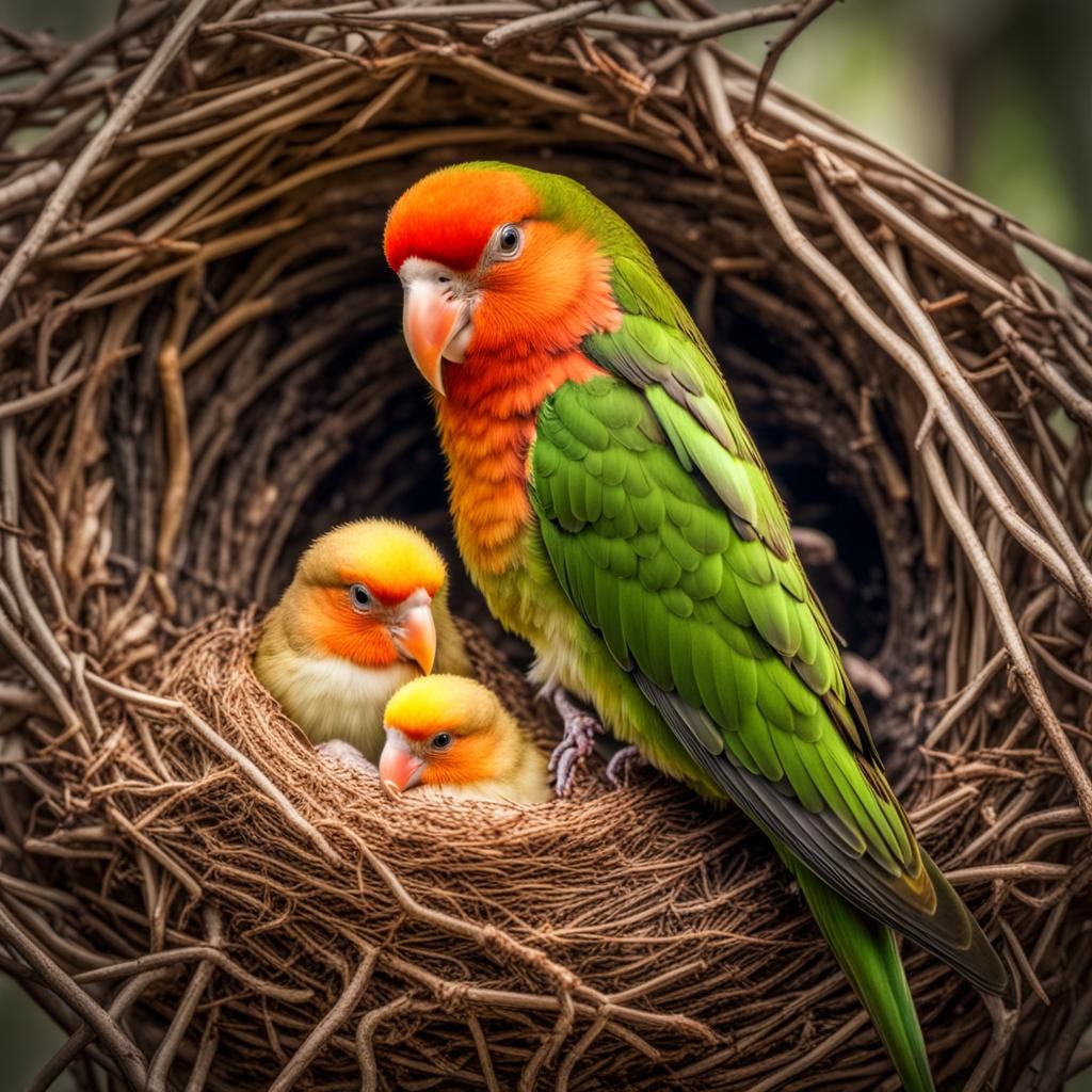 Lovebird Family Scene in Hyperrealistic Detail