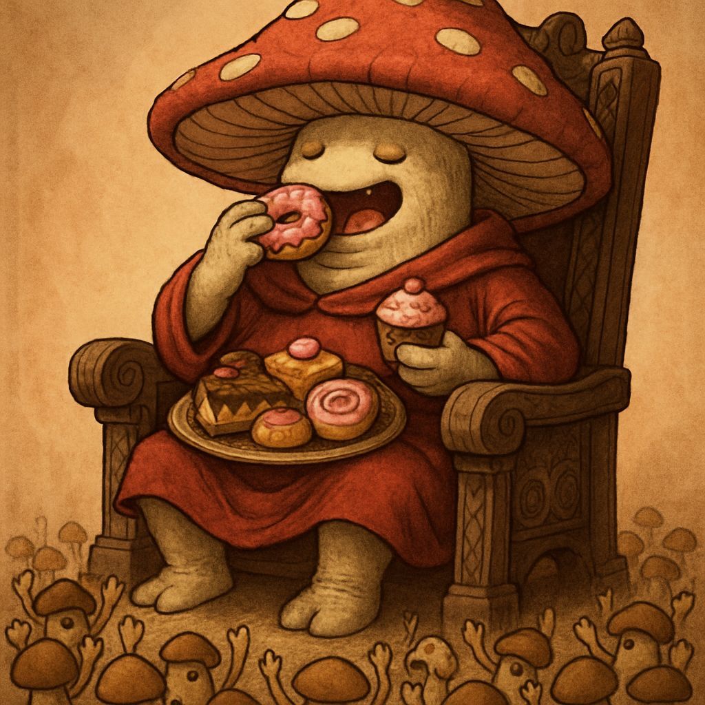 Un fungo umanoide sta mangiando dolci mentre sta seduto su u...