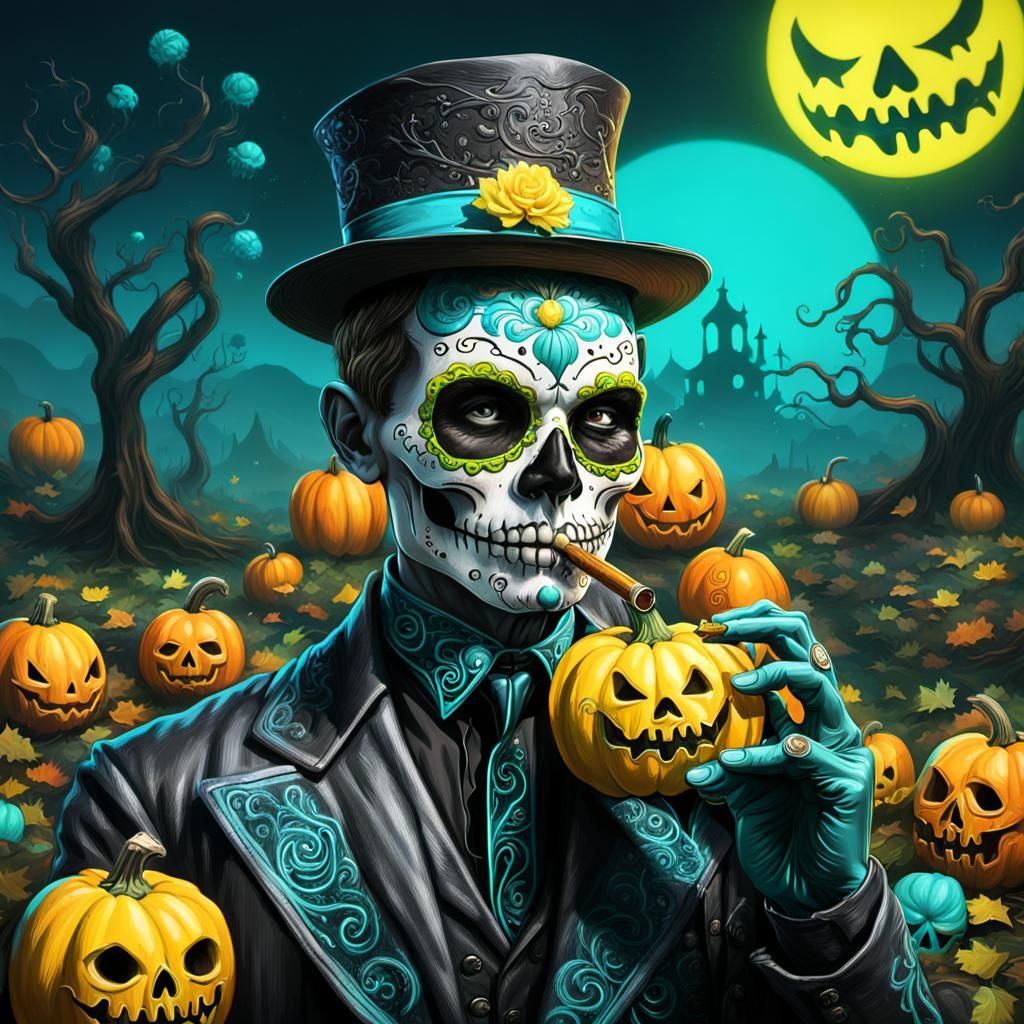 Black 1932 Day of the Dead Pumpkin man smoking cigar with sm...