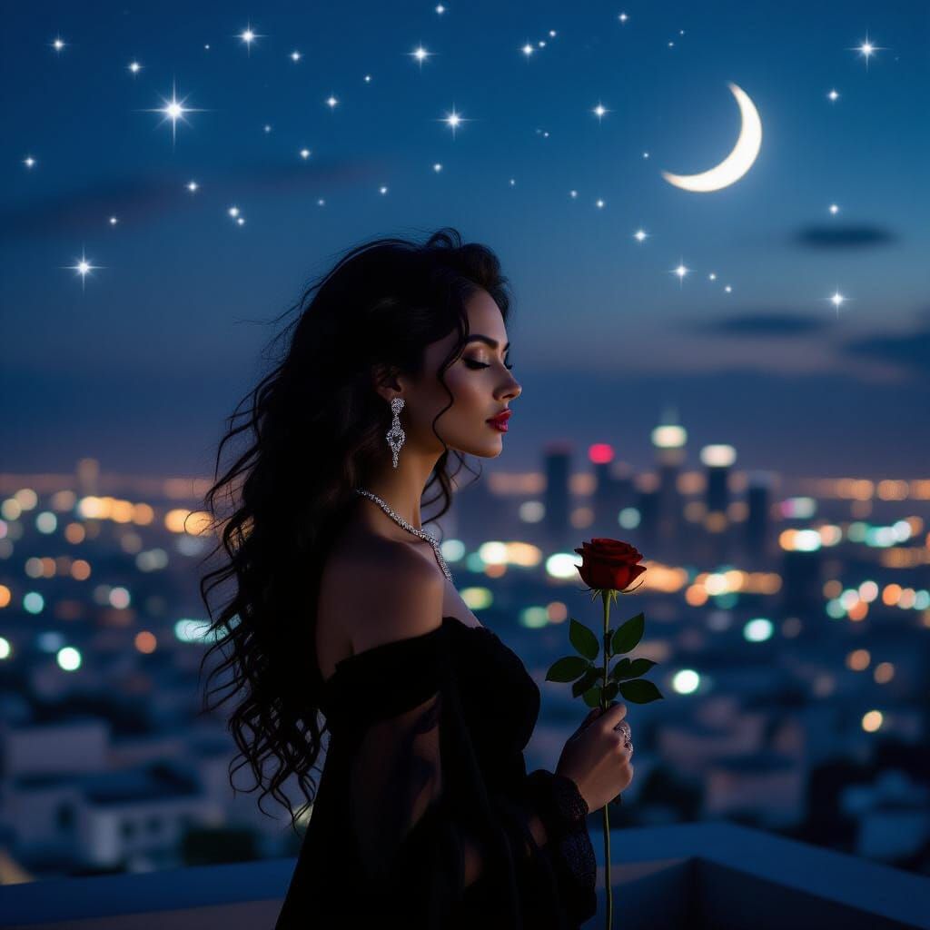 Woman on Rooftop Overlooking City at Night with Celestial Gl...