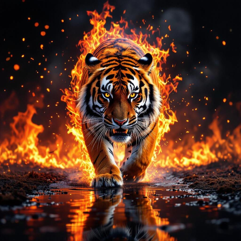 A ferocious tiger in full frontal view, engulfed in vibrant flames of orange, red, and yellow, walking directly toward the viewer. Pure blac...