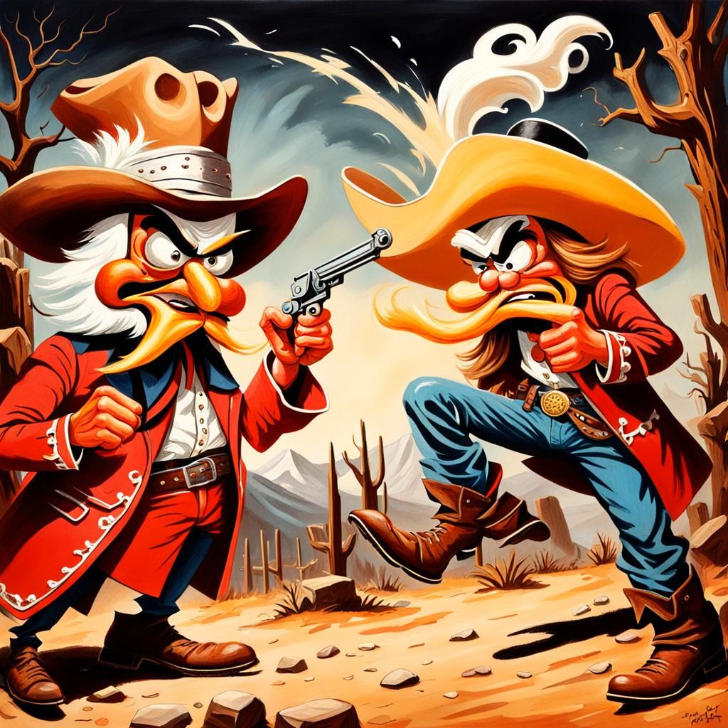 The Frito bandito and Yosemite Sam face off in a duel. Vintage western style painting, extreme detail, dark