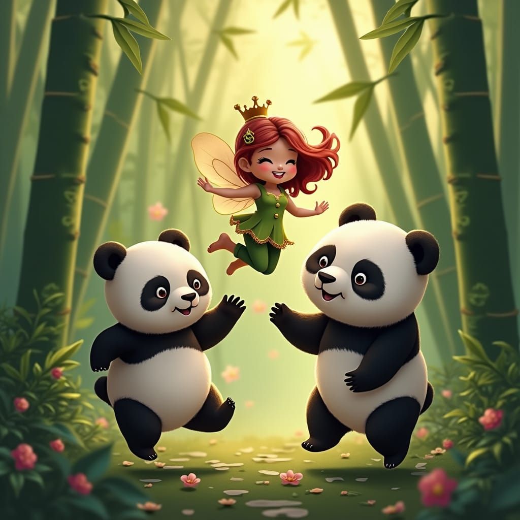 Happy fae pandas frolic around the bamboo forest with a fair...