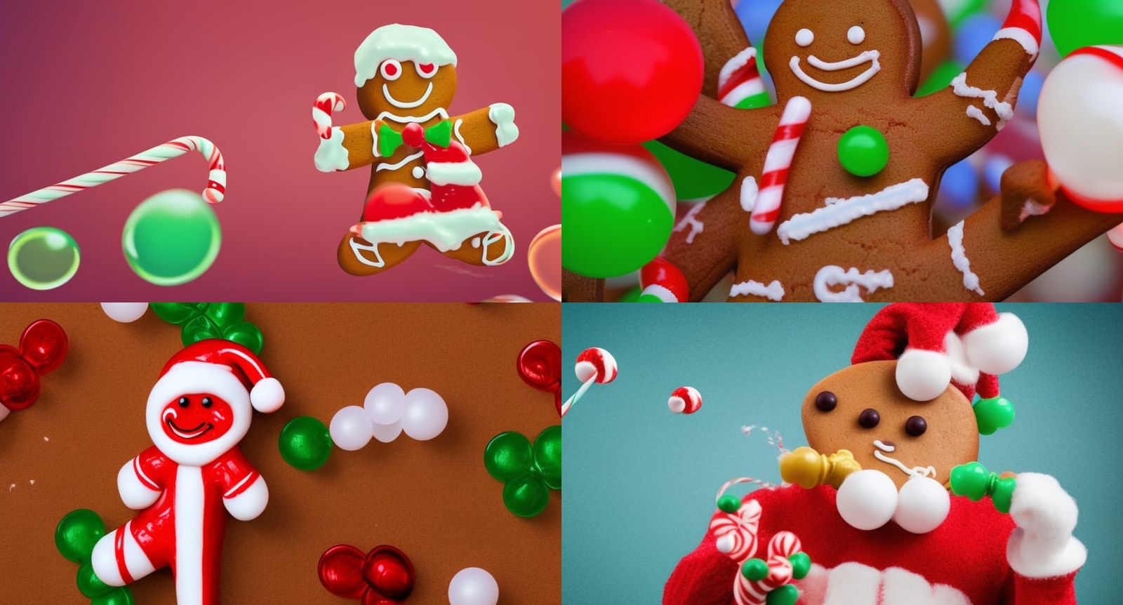 Gingerbread man holding a candy cane and blowing a big bubbl...