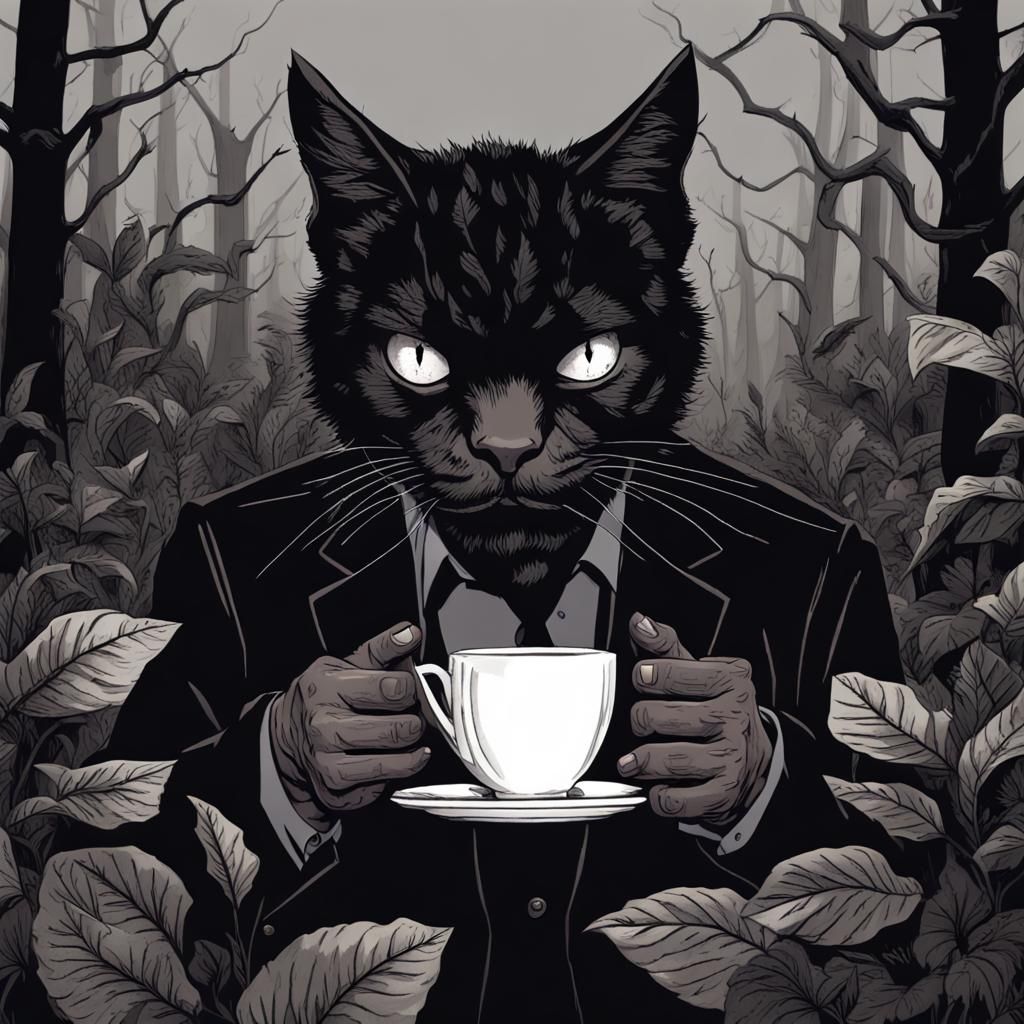 A angry cat siping a cup of coffee
