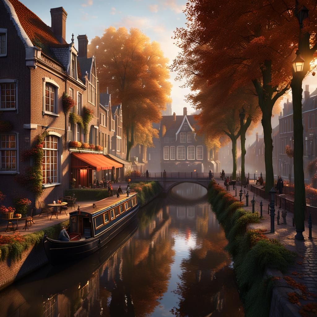 A autumnal dutch golden age style canal in Utrecht with leaf...