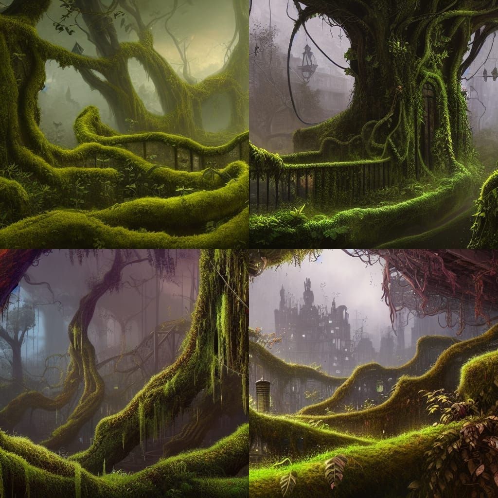 Overgrown city covered in vines and moss