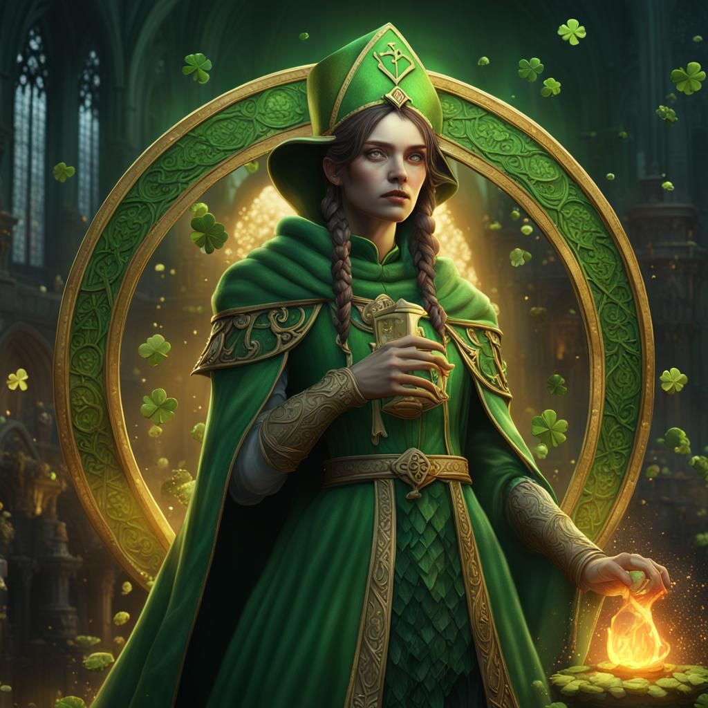 Saint Patrick, girl, human face, whole figure, fantasy