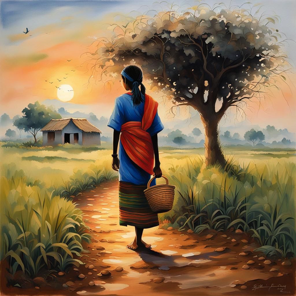 Village Girl at Dawn: A Simple Watercolor Portrait