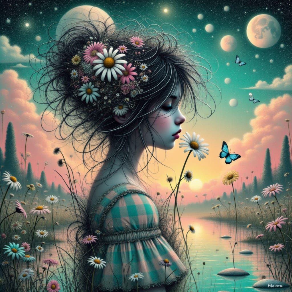 <lora:Pastel Patches:1.0> Double exposure. Side profile portrait of a beautiful woman. a colorful alien planet with huge moons reflected in ...