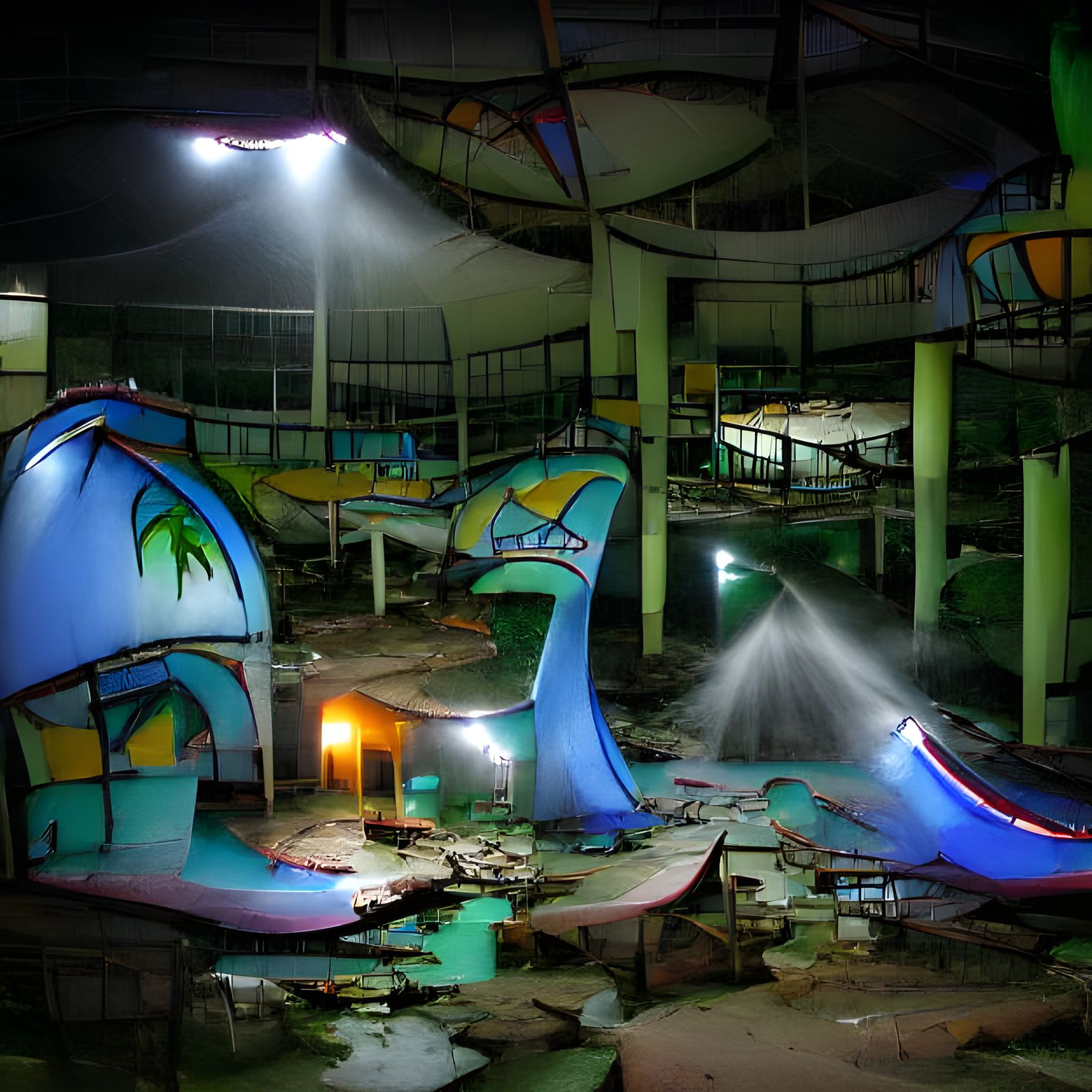 An abandoned indoor water park at night 