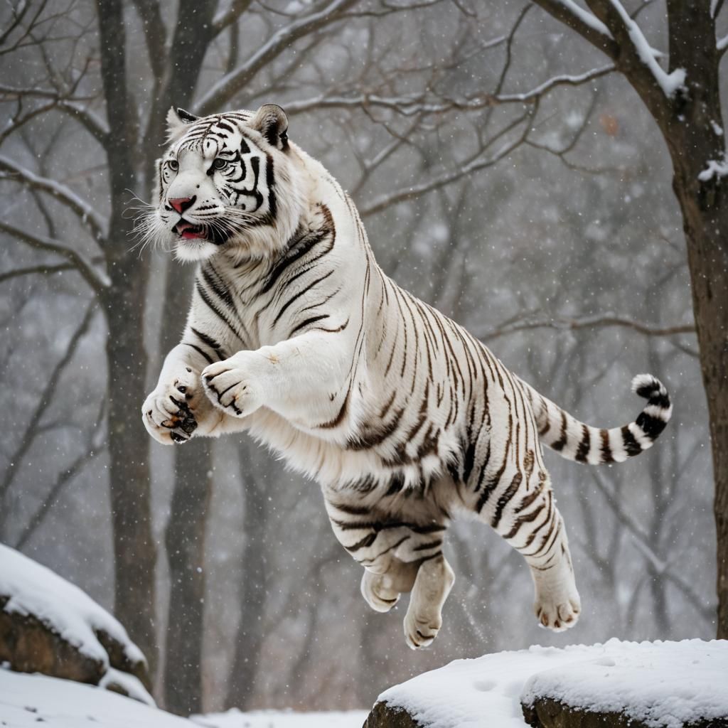 a white tiger in the snow prepares to leap 