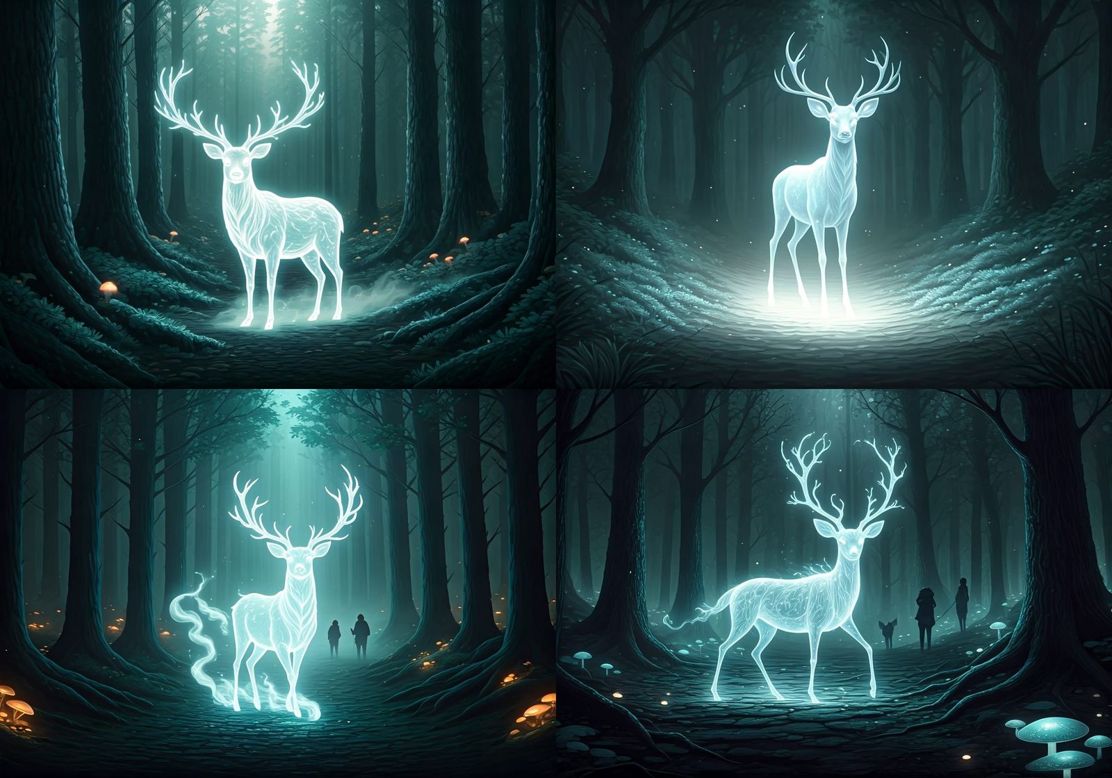 Double exposure effect. A luminous, ghostly deer with soft, glowing white-blue eyes gently leads travelers through a fog...
