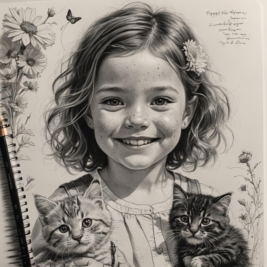 Happy Girl, Flowers and Cats Portrait on a Travel Journal