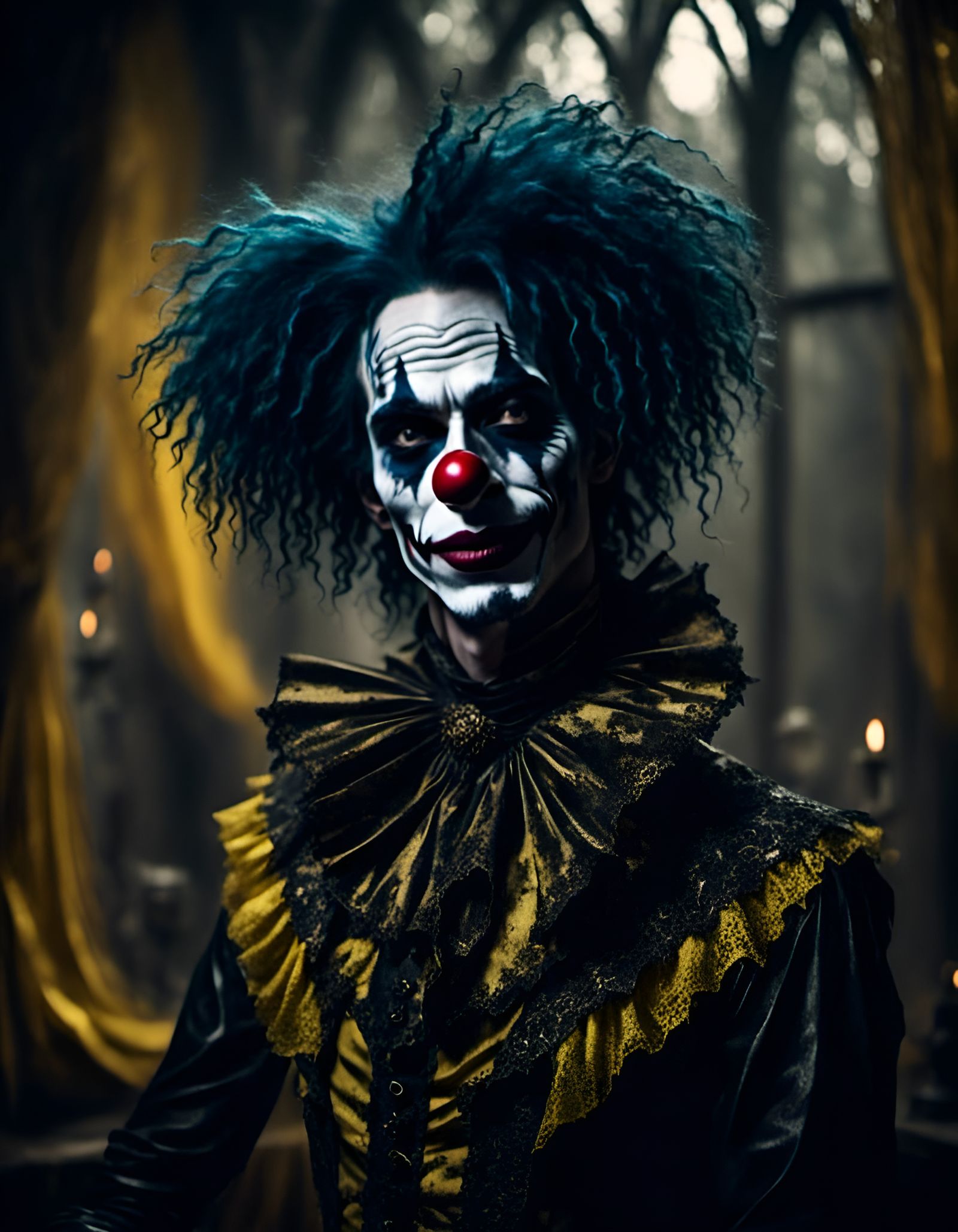 Bonbon Lauderman: a clown, radiant, hollow, indigo, yellow, ...