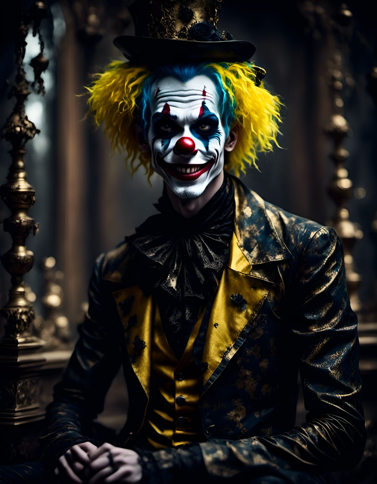 Krole Beek: a clown, radiant, hollow, indigo, yellow,  <lora...