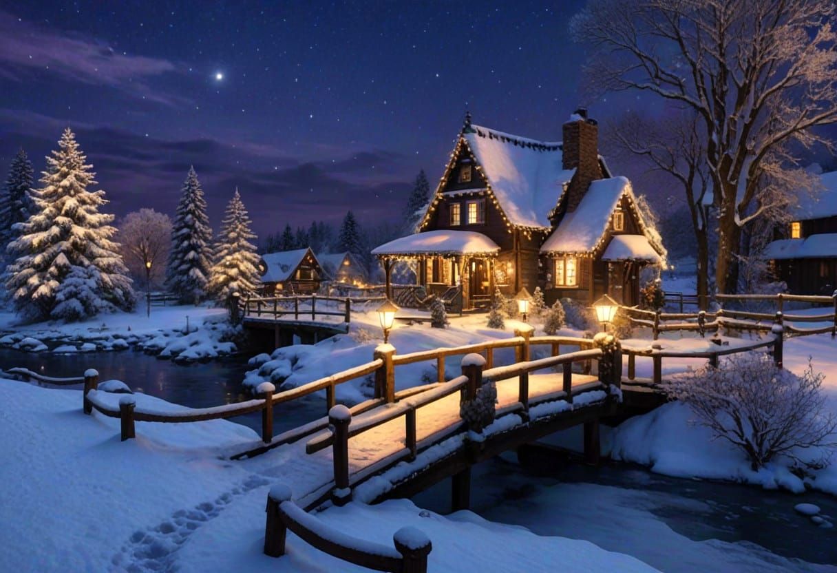 Whimsical Winter Wonderland Scene in Thomas Kinkade Style