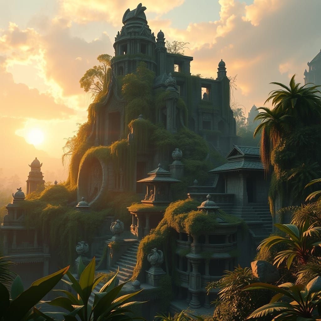 Ancient Jungle Temple Complex in Golden Hour