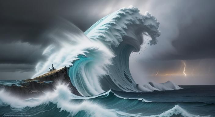 an anime style sea storm with big waves a rough sea with hug...