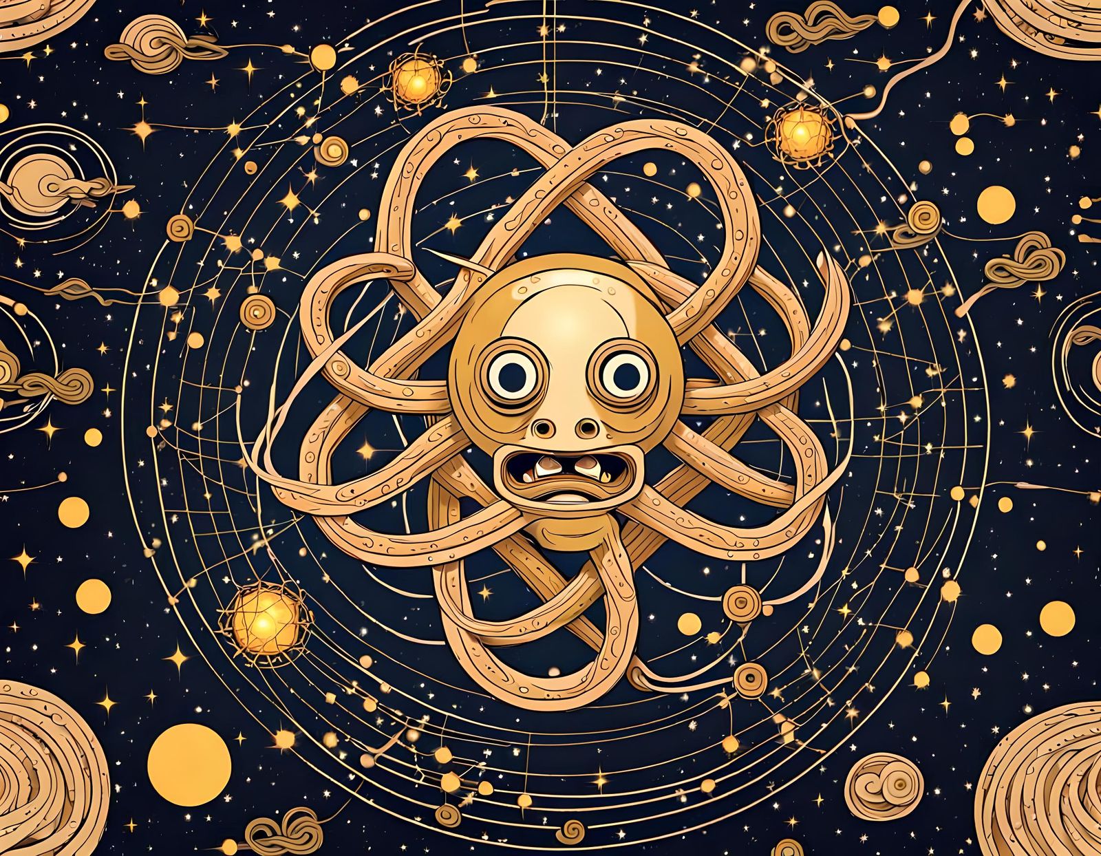 Floating Anatomic cosmic spaghetti knot monster 