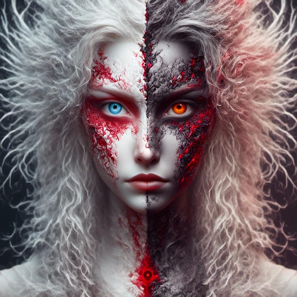 <lora:HeteroChromatic:1.3> Split portrait effect by Photoshop
Left_red_eye+++ half_white_face+++