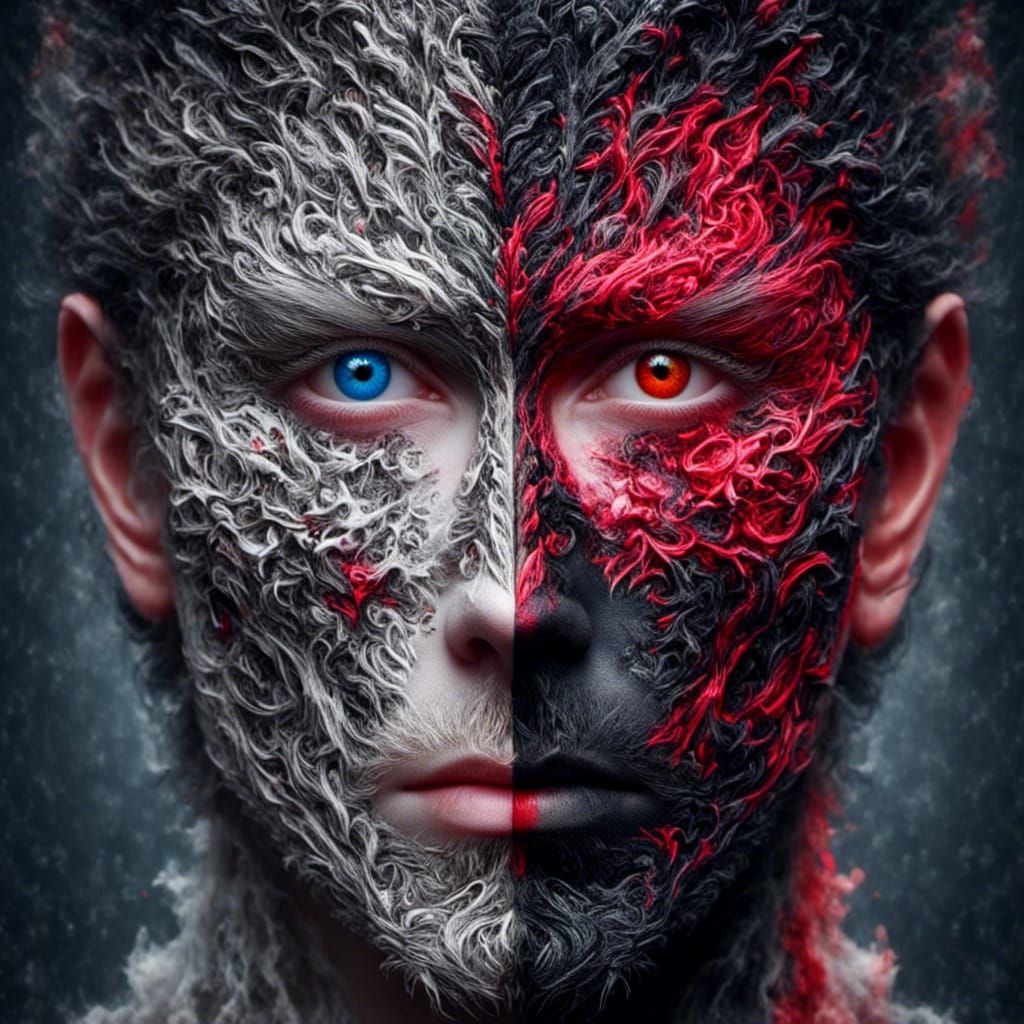 <lora:HeteroChromatic:1.3> Split portrait effect by Photoshop
Left_red_eye+++ half_white_face+++