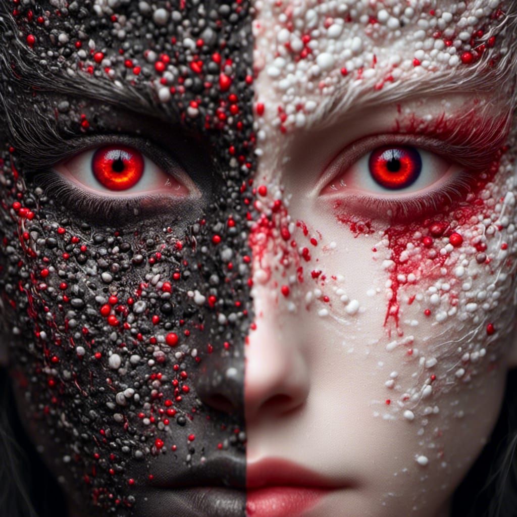 <lora:HeteroChromatic:1.3> Split portrait effect by Photoshop
Left_red_eye+++ half_white_face+++