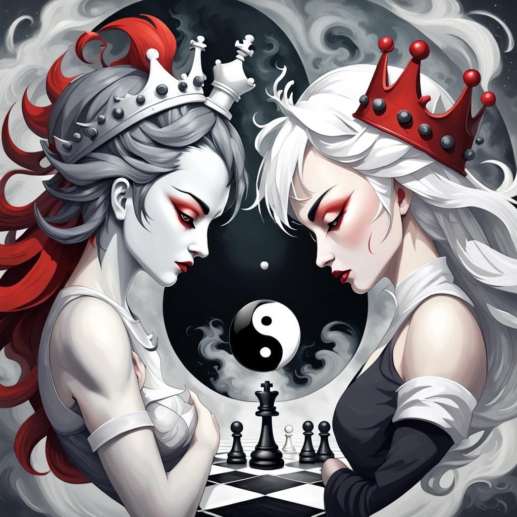 Chess black and white queen pieces, locked in raging battle,...