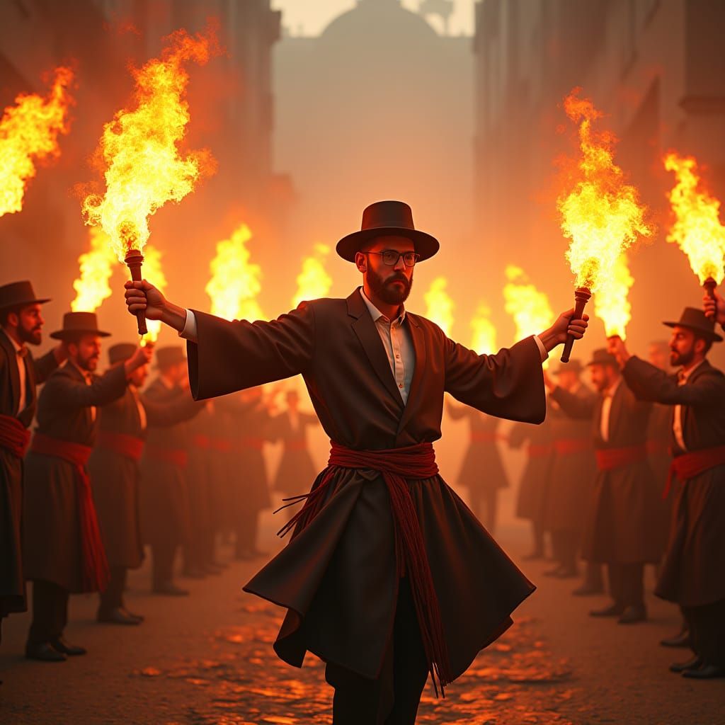 Orthodox Jew Dances Amidst Vibrant Hasidic Circle in Fiery C...
