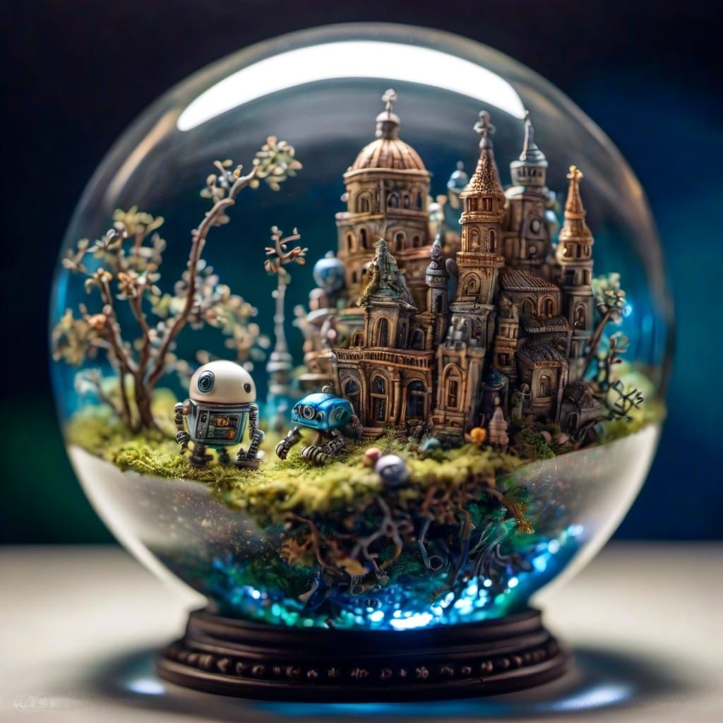 Little robotic world inside of a glass sphere glass orb <lora:Glass-orbs-spheres:1.0> 