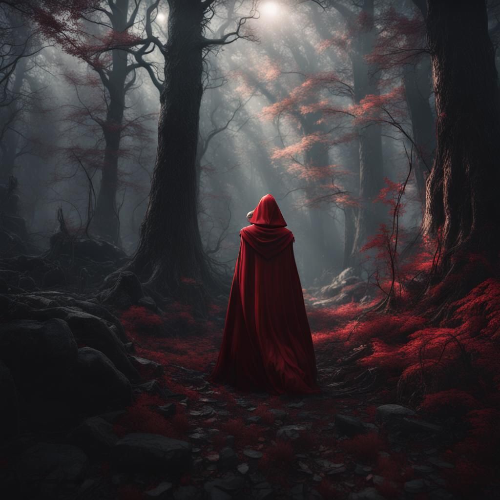 Grown up red riding hood in dark forest