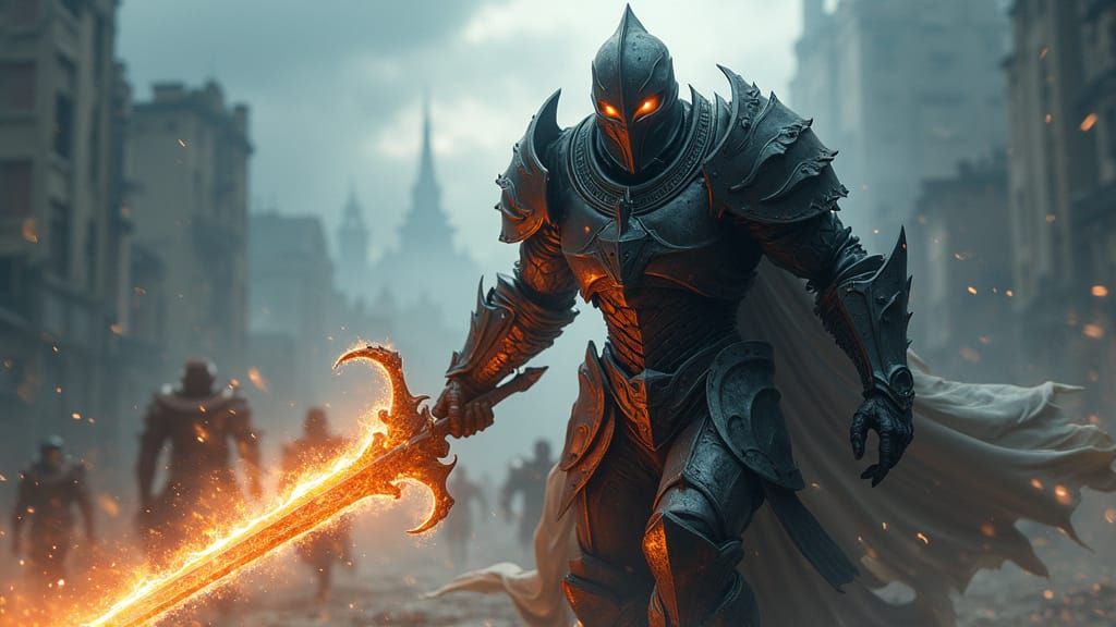 A heavily armored figure advancing with a glowing, fiery sword.