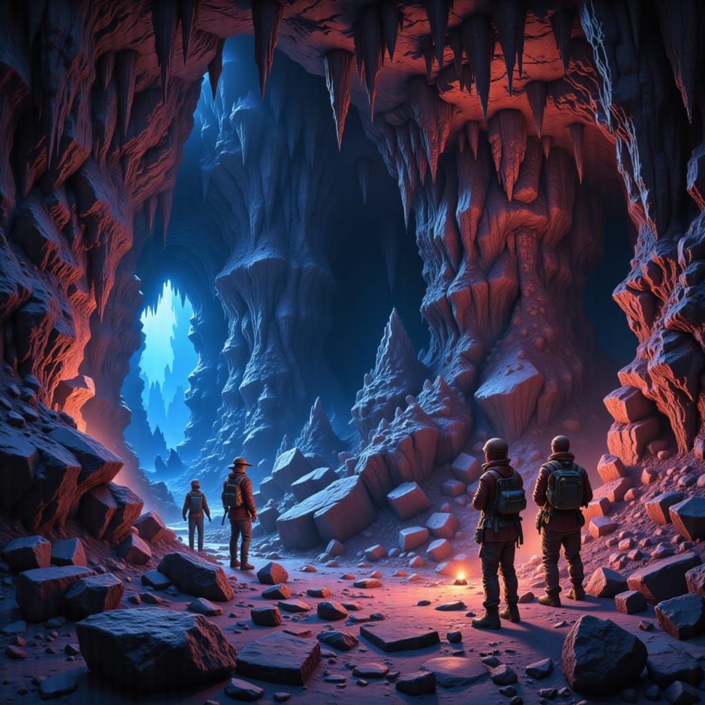 <lora:Dragon lair:1.0> Portrait of a team of explorers in an alien cavern.