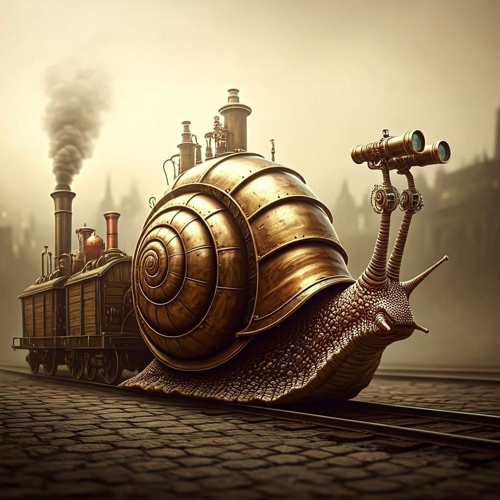 Large snail with binoculars in front of his eyes pulls a train of wagons behind him steampunk engine  by @Silverboooom 