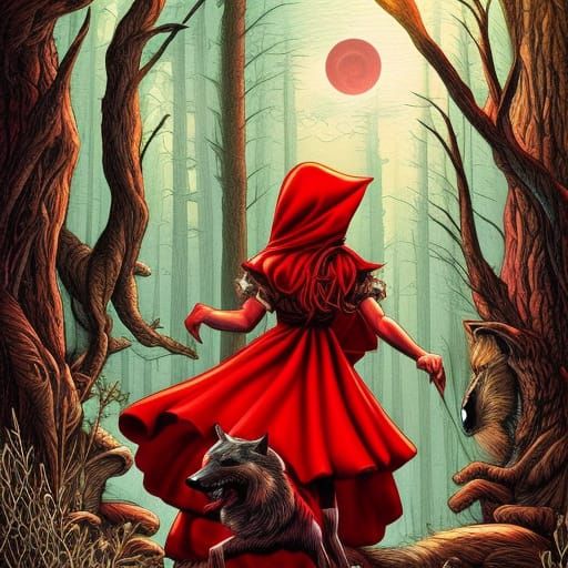 Little Red riding hood with a wolf, amazingly  hyperdetailed...
